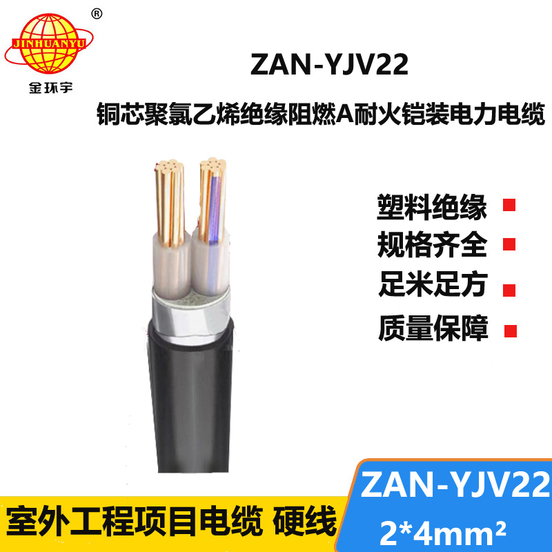 金環(huán)宇電線電纜 阻燃耐火鎧裝電纜ZAN-YJV22-2X4平方 電力電纜yjv22